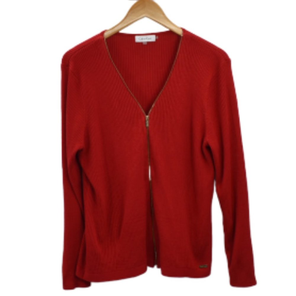 Calvin Klein Zip Up Sweater Red V Neck Cardigan  L